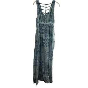Raga Blue Green Patch Printed Floral Tank Hippie Boho Cotton Dress-Medium